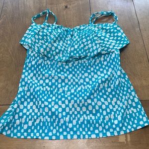 Women’s teal and white ruffles swimsuit top
